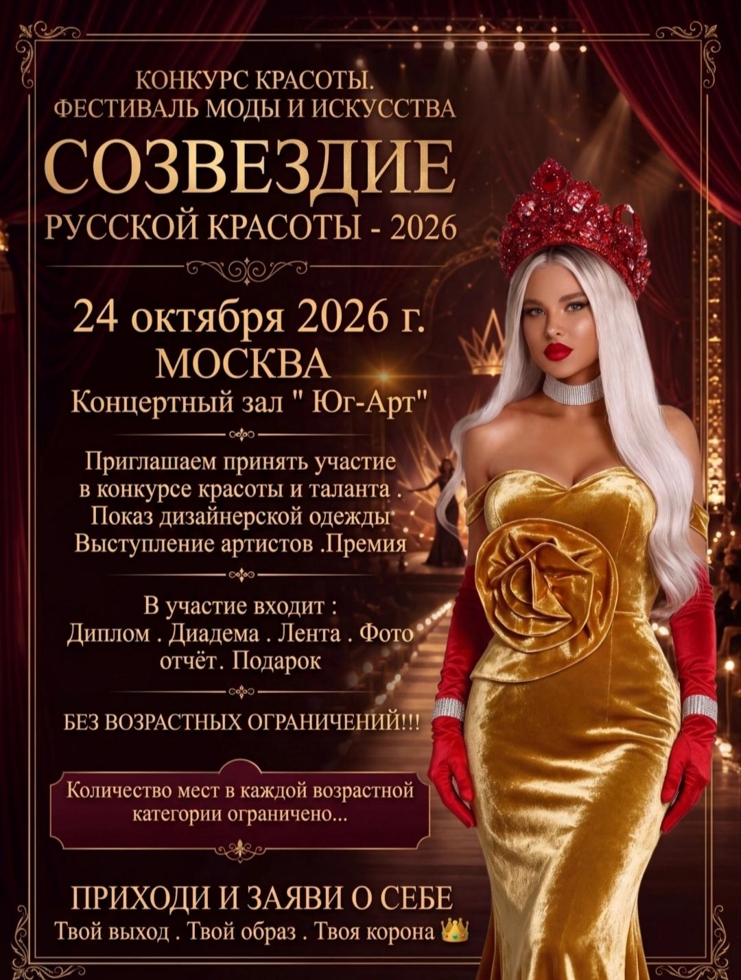 24 ОКТЯБРЯ 2026 г. МОСКВА КОНКУРС КРАСОТЫ. ФЕСТИВАЛЬ МОДЫ И ИСКУССТВА %22 СОЗВЕЗДИЕ РУССКОЙ КРАСОТЫ -2026%22