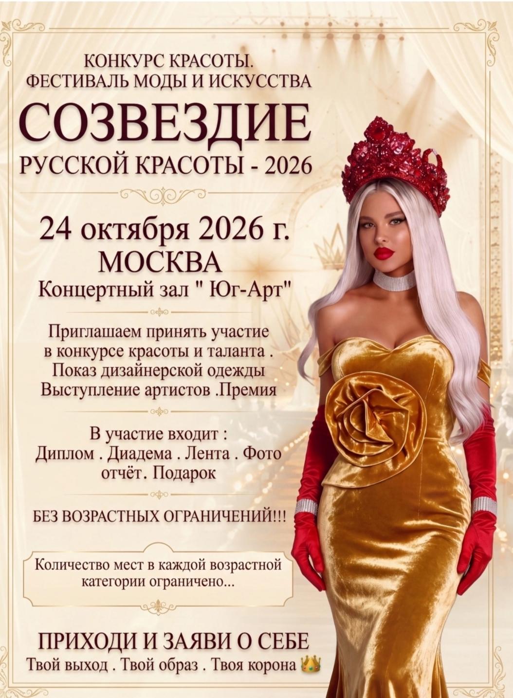 24 ОКТЯБРЯ 2026 г. МОСКВА КОНКУРС КРАСОТЫ. ФЕСТИВАЛЬ МОДЫ И ИСКУССТВА %22 СОЗВЕЗДИЕ РУССКОЙ КРАСОТЫ -2026%22
